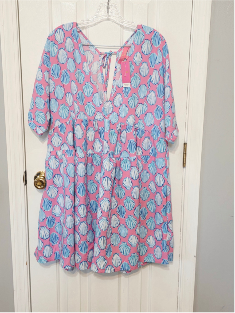Women's Simply Southern Mini Dress Size L Pink Blue Seashell Print